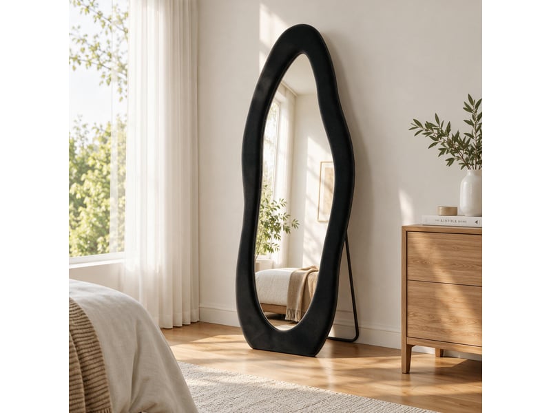  Miroir corps entier 160x50 cm, miroir sur pied ondulé asymétrique, avec pied u, pour chambre et dressing, cadre velours doux style scandinave, rose  - Conforama C