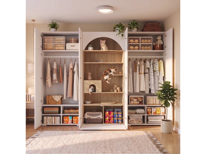  Armoire penderie multifonction 3 en 1, meuble avec mur d'escalade, 270x50x200 cm, blanc et aspect bois  - Conforama D