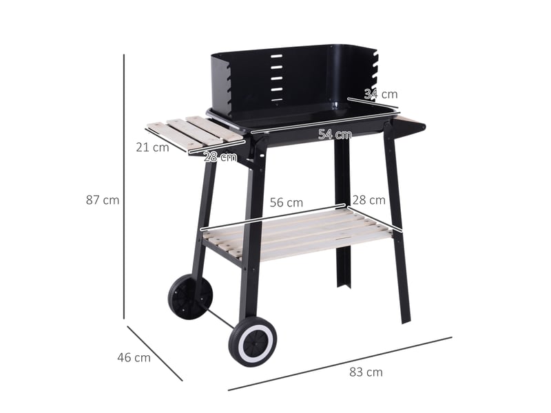  Barbecue au charbon de bois avec hauteur de grille réglable, étagères et roues – usage extérieur – 83 x 46 x 87 cm – noir  - Conforama E
