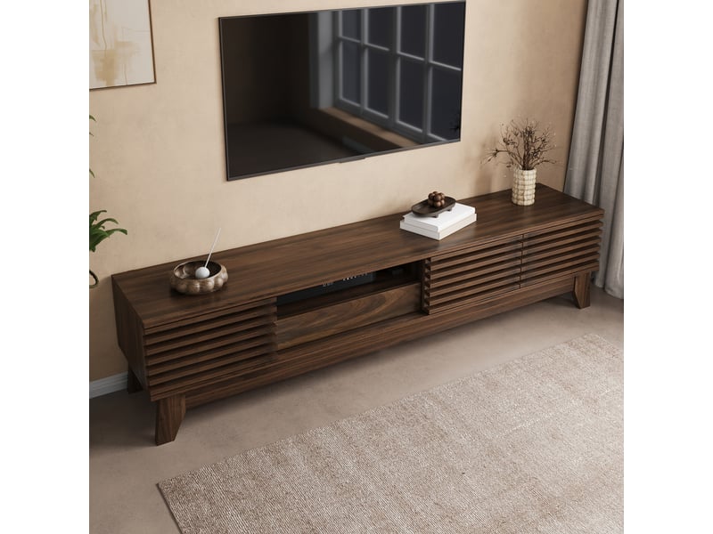  Meuble tv bas avec 3 portes, tiroir et niches ouvertes, façade rainurée, mdf, meuble tv moderne pour salon  - Conforama R