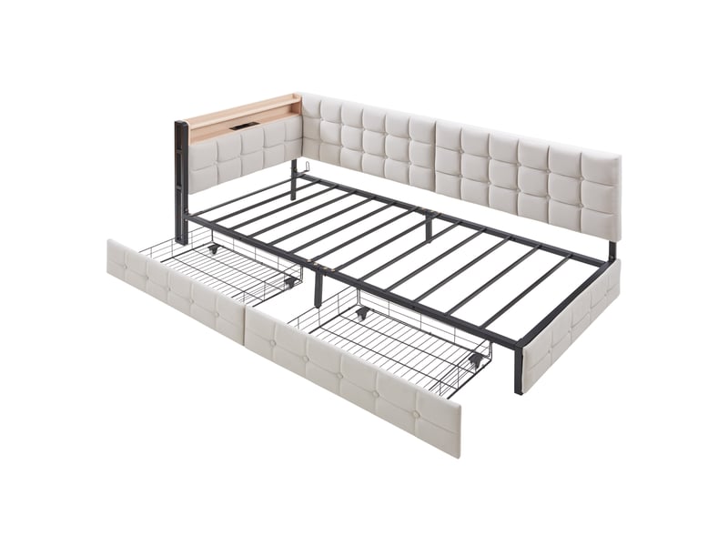  Lit enfant 90 x 200 cm 2 tiroirs led tête de lit usb type-c cadre métal rembourré tissu beige sans matelas  - Conforama E