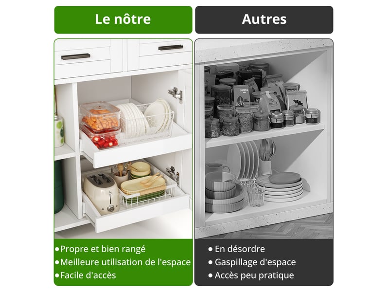  Desserte de cuisine 120x45-70x84 cm blanc et naturel en mdf, plateau rabattable, rangements et prises  - Conforama E