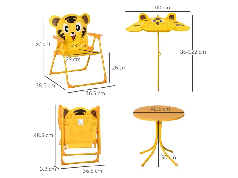 Ensemble de jardin 4 pièces pour enfants comprenant 2 chaises, un parasol et une table ronde, en tissu oxford acier et jaune. - Conforama D