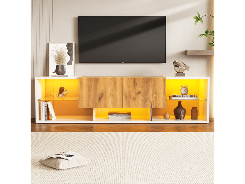  Meuble tv à trois niveaux avec éclairage led télécommandé, meuble tv blanc et bois pour télévision jusqu'à 70 pouces, 160 cm  - Conforama E