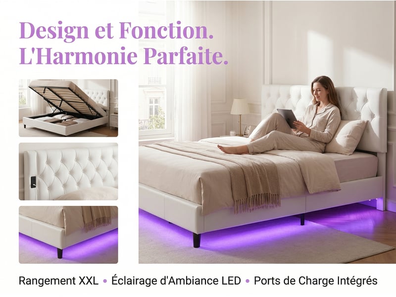  Lit coffre 160x200 cm avec tête de lit - leds - coloris blanc - sommier à lattes et espace de rangement  - Conforama D