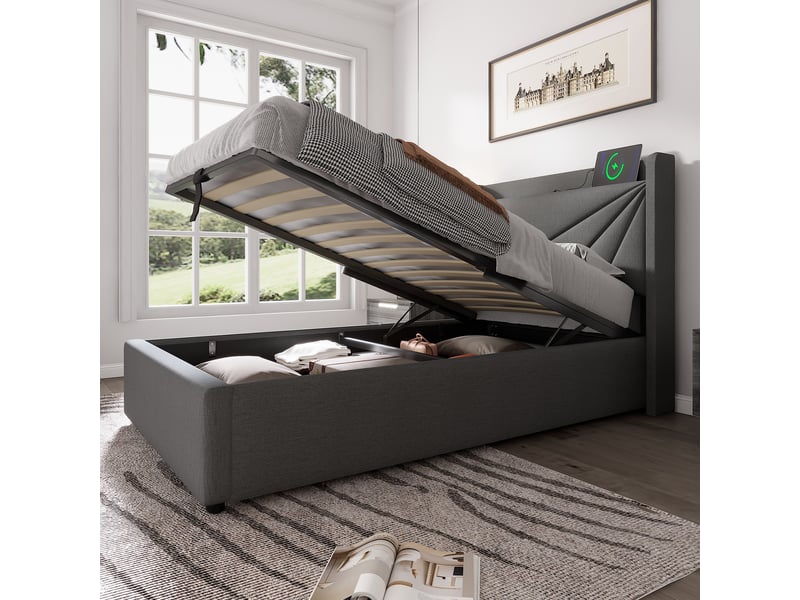  Lit simple rembourré 90x200 avec tête rangeante, usb type-c, coffre et lattes, gris, sans matelas  - Conforama E