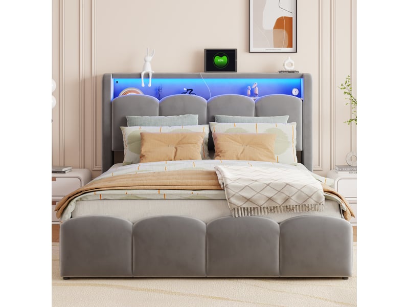  Lit coffre 2 places 140x200 cm, sans matelas, mdf gris, espace de rangement, type-c, usb, led intégré, espace de rangement, doté de tête de lit  - Conforama D