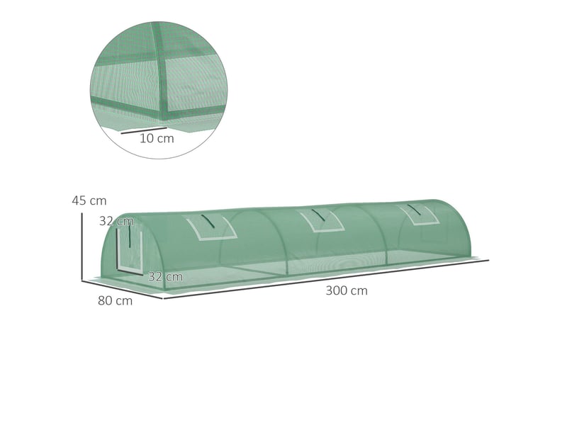  Mini serre tunnel de jardin 300 x 80 x 45 cm – verte – 4 fenêtres en maille enroulables et bâche pe anti-uv  - Conforama C