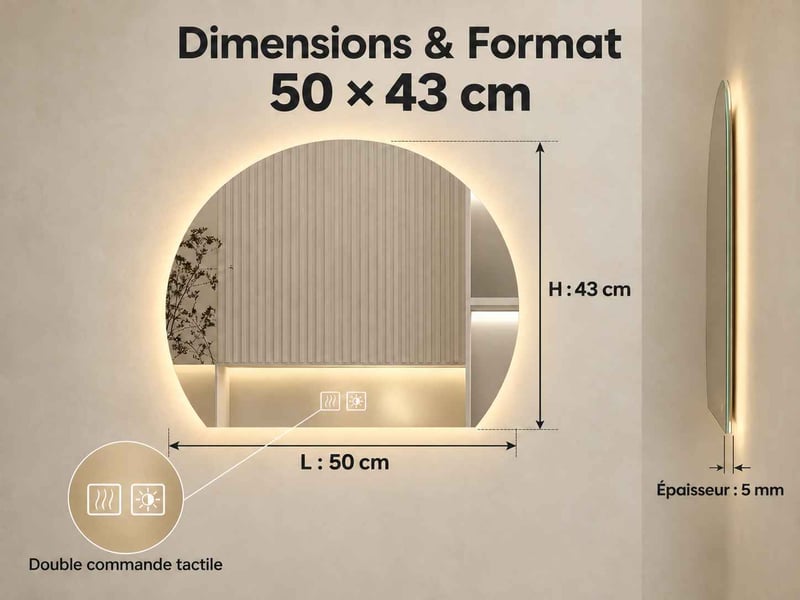  Miroir salle de bain led forme arche 50 × 43 cm, éclairage 3 couleurs à intensité variable et fonction antibuée tactile  - Conforama C