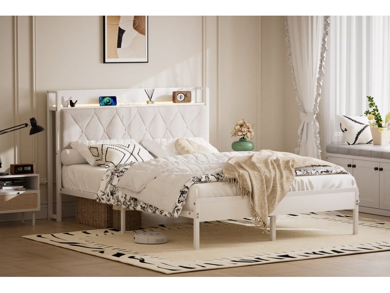  Lit double 140 x 190 cm blanc avec tête de lit rembourrée led et station de charge  - Conforama D