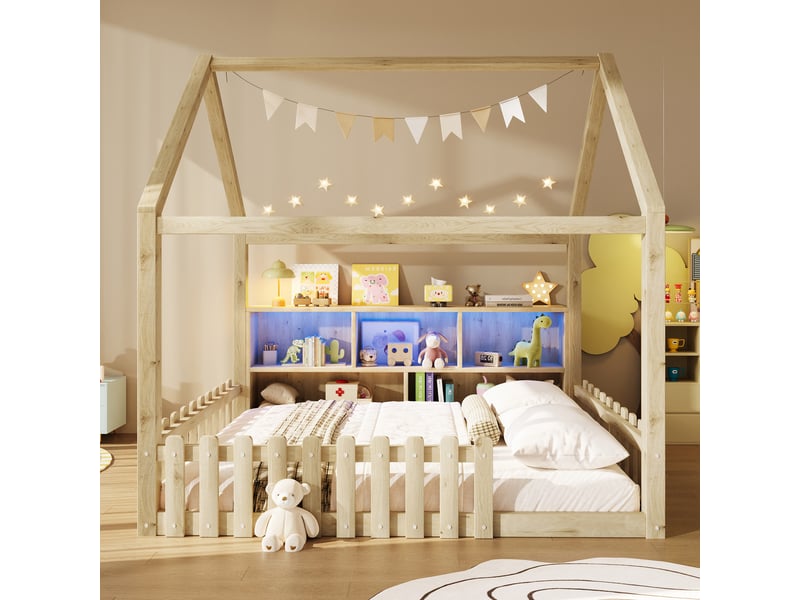  Lit cabane enfant 140 x 190 cm avec barrières, rangements ouverts et éclairage led, pin et mdf - naturel Fay Lum - Conforama E