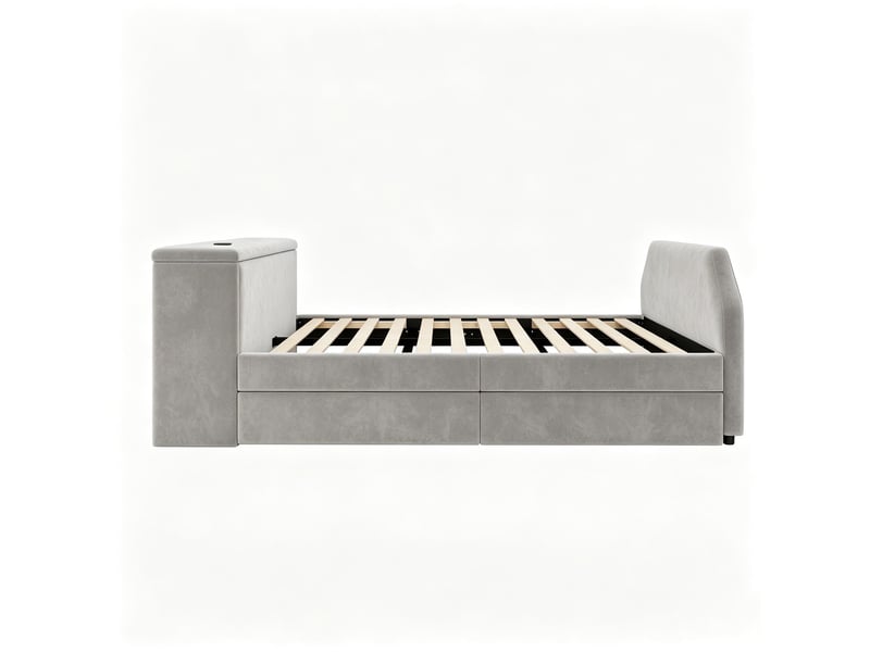  Lit jeune, coloris gris, matière velours, couchage 140x200 cm, dimensions : 236 x 148.5 x 75.5 cm  - Conforama D