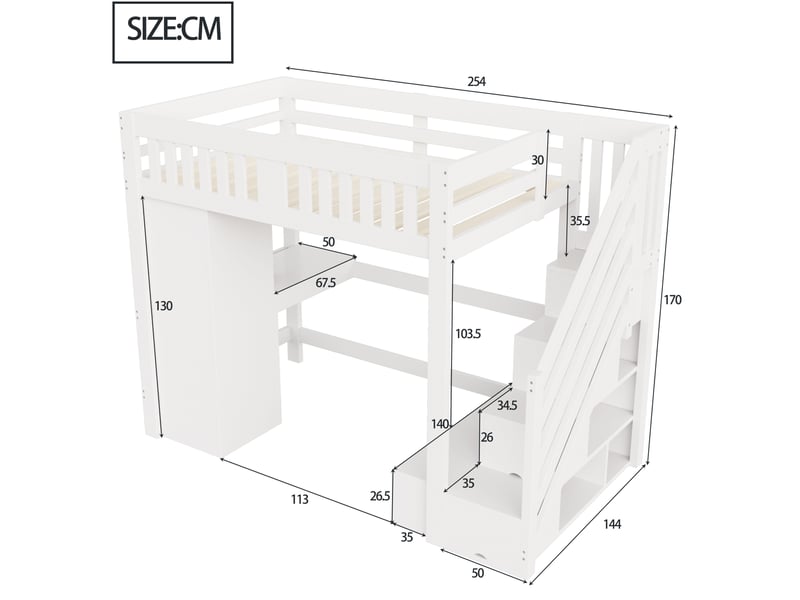 Lit mezzanine 140x200 cm avec bureau, rangements et led multicolores, blanc - Conforama C