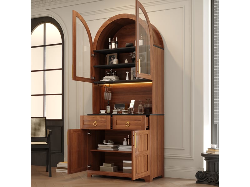 Buffet haut 80x40x180 cm avec led et prises usb,4 portes et 2 tiroirs coloris noyer - Conforama B