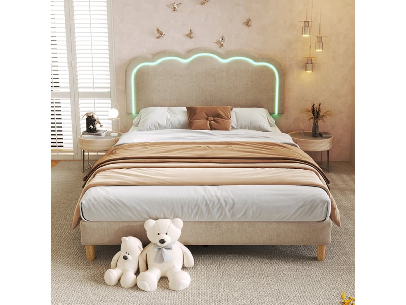  Lit double 140 x 200 cm avec tête de lit réglable, lit enfant avec led, lit 2 personnes avec cadre de lit en bois, tissu en lin  - Conforama C