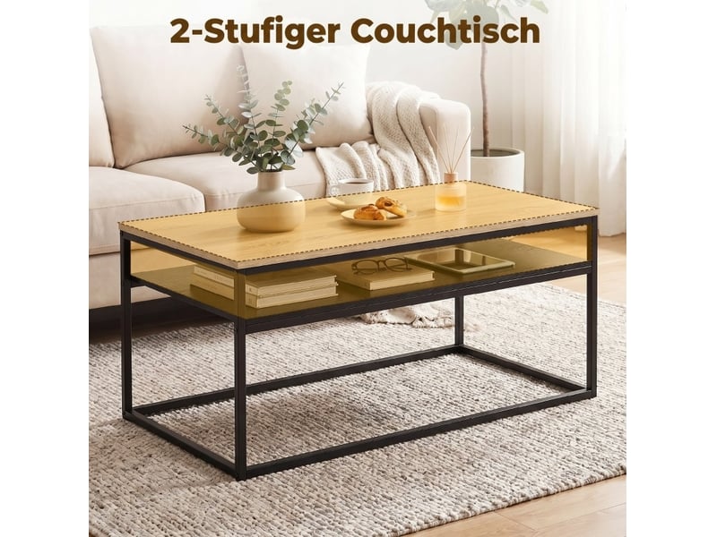 Table basse avec étagère ouverte et pieds réglables, style industriel, chêne et noir 100 × 59,8 × 47 cm - Conforama E