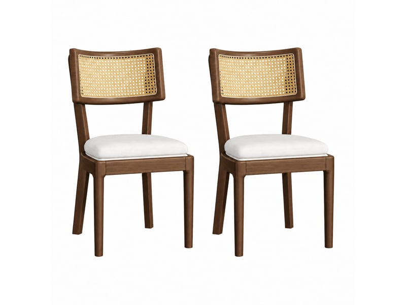  Lot de 2 chaises de salle à manger 50x58x88 cm, dossier en rotin tressé, assise en lin, bois, noyer et beige  - Conforama A