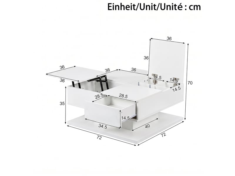  Table basse relevable avec plateau rabattable, 2 tiroirs et led pilotée par application, blanche 72 × 72 × 35 cm  - Conforama C