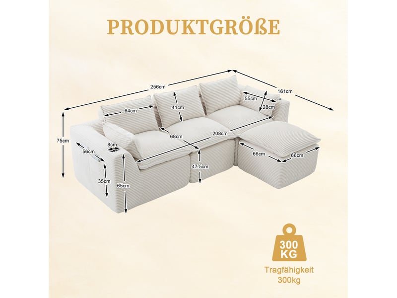  Canapé modulable 3 places modenvie avec pouf, coussins, porte-gobelets et poches latérales en velours côtelé beige  - Conforama C