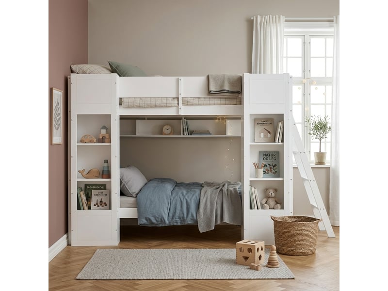  Lit superposé enfant avec rangements, 2 couchages 90x200 cm, 2 armoires frontales, étagère suspendue, échelle réversible, garde-corps, bois, blanc  - Conforama E