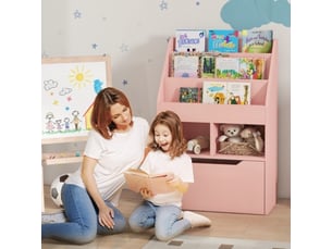 Bibliothèque enfant rose, tiroir, 3 étagères et 2 niches ouvertes, rangement, 60x29,9x90 cm