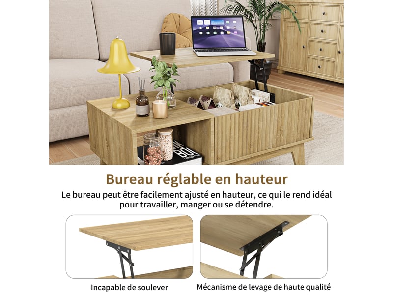  Table basse avec plateau relevable,table de salon moderne,mdf,rangement caché,95 x 48 x 42 cm,couleur bois naturel  - Conforama E