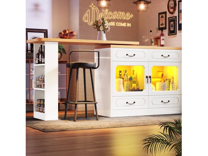  Table de bar extensible 135-203x39x92,8 cm blanc et naturel en mdf, avec rangement et led  - Conforama B