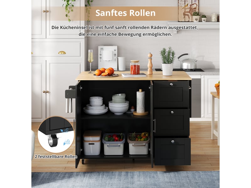 Desserte de cuisine mobile avec plateau rabattable et rangement - lpospi - mdf noir et naturel 135 × 70 × 90 cm - Conforama E
