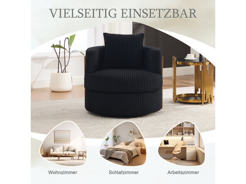 Fauteuil pivotant à 360 degrés, fauteuil noir en velours côtelé, fauteuil une place pour salon et chambre, rangement intégré - Conforama C