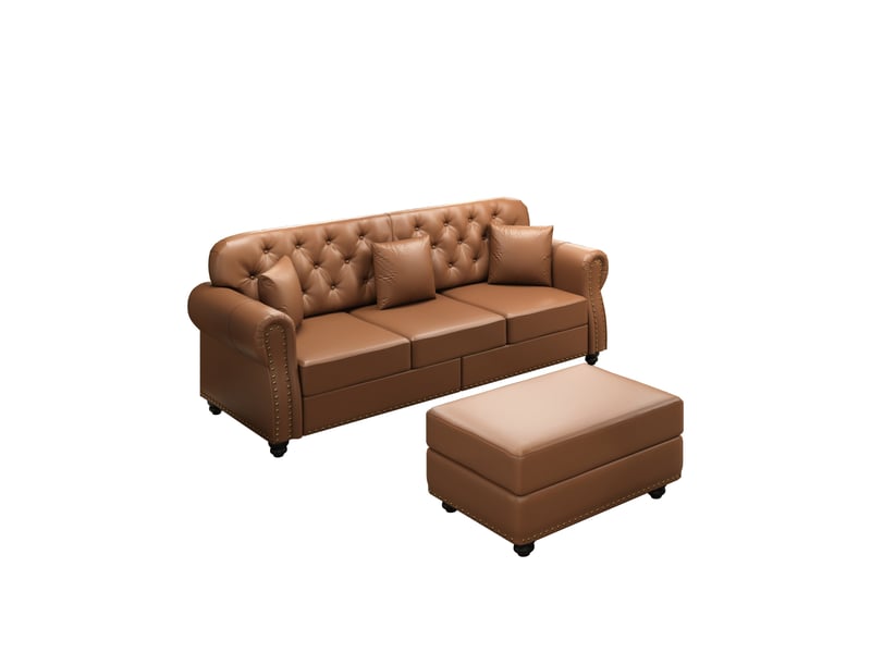  Canapé chesterfield 3 places 210x76x86 cm, canapé de salon, pouf inclus, mousse et ressorts ensachés, dossier capitonné, pu - marron CozyNest - Conforama A