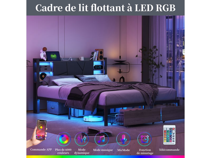  Lit double en fer et bois - 140x200 cm gris - led rvb variable - 2 tiroirs - tête de lit avec rangement et prises usb  - Conforama E