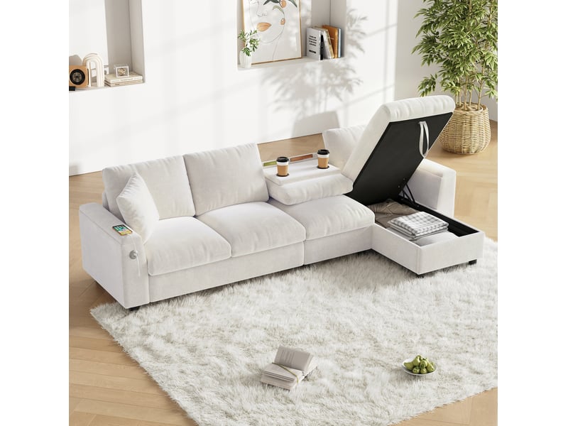 Canapé d'angle convertible réversible 4 places en chenille beige avec rangement - Conforama E