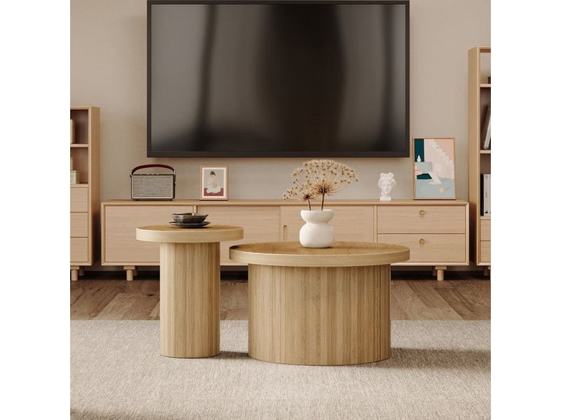  Table basse ronde en bois - double table - 66 cm de diamètre - 40 cm de hauteur - naturel - mdf - table d'appoint 40x40x46cm - Conforama C
