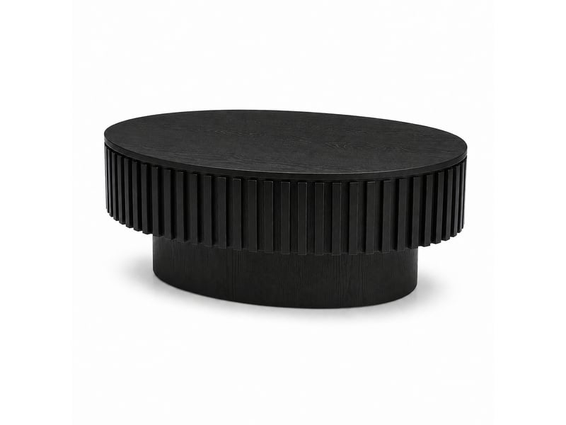  Table basse ovale avec rangement dissimulé et plateau amovible, décor cannelé, en bois et mdf noir mat pour salon  - Conforama A