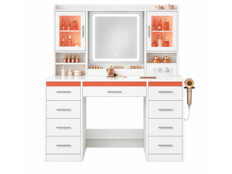  Coiffeuse moderne avec plateau en verre trempé, bureau maquillage avec rangements ouverts, meuble élégant multifonctionnel  - Conforama A