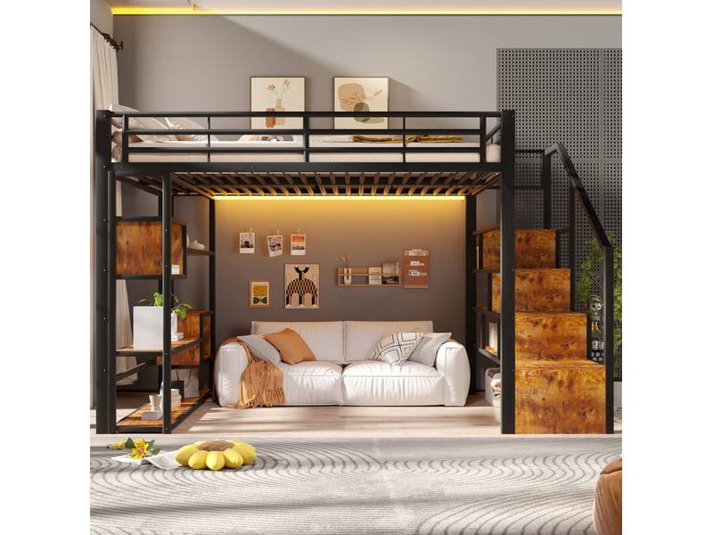  Lit mezzanine 140x200 cm, escalier intégré, rangement ouvert, led multicolore métal mdf noir sans matelas  - Conforama D