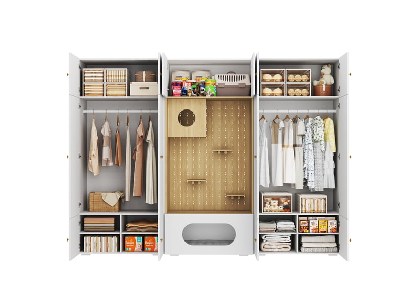  Armoire dressing 270x50x202 cm, 11 compartiments rangement, penderie, panneaux de particules, blanc et aspect bois  - Conforama A