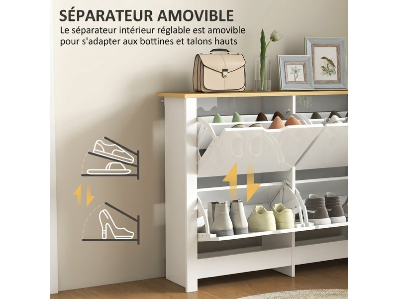  Meuble à chaussures 16 paires, armoire à chaussures étroite avec 4 tiroirs rabattables et réglables étagères  - Conforama R