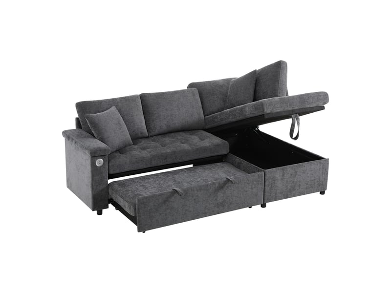  Canapé d’angle convertible l 34 places 209x130x84 cm avec fonction lit, coffre de rangement, méridienne droite, porte-gobelet, usb, étagère d’accoudoir, 2 coussins, tissu chenille - gris  - Conforama A
