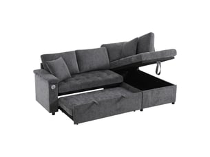 Canapé d’angle convertible l 34 places 209x130x84 cm avec fonction lit, coffre de rangement, méridienne droite, porte-gobelet, usb, étagère d’accoudoir, 2 coussins, tissu chenille - gris