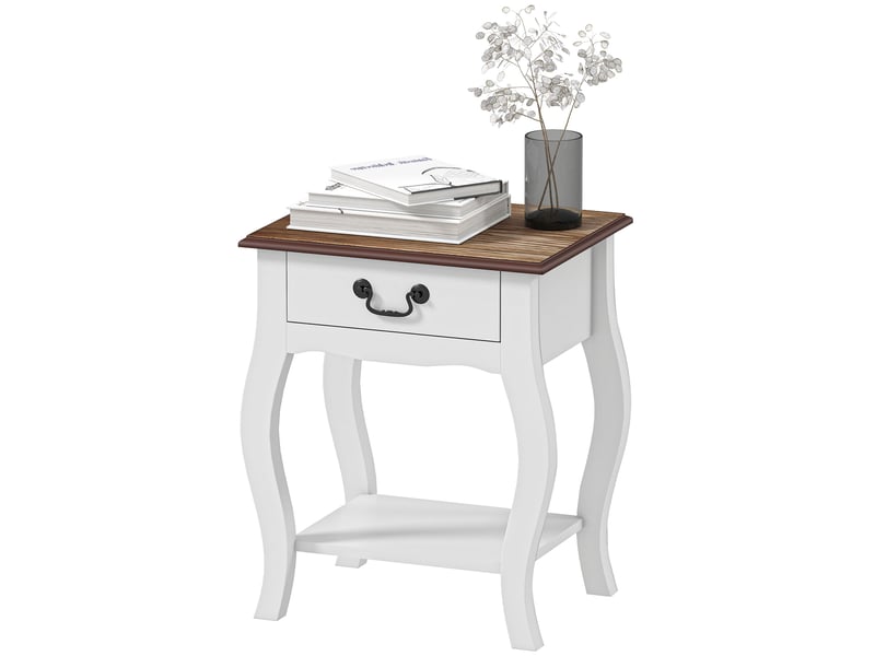  Table de chevet en bois de style français avec tiroir et étagère ouverte, 45 x 35 x 55 cm, blanc et chêne  - Conforama B