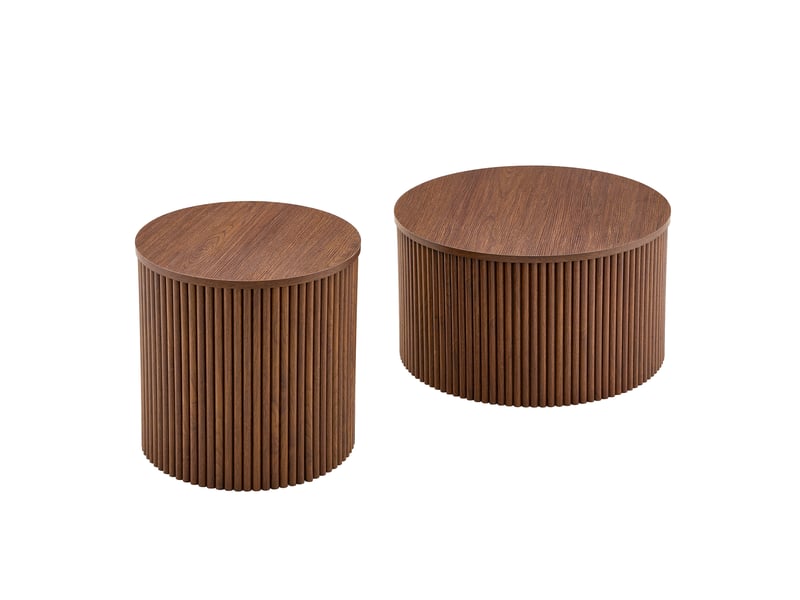 Lot de 2 tables basses gigognes rondes, mdf effet noyer, rangement intégré, design colonne romaine - Conforama D
