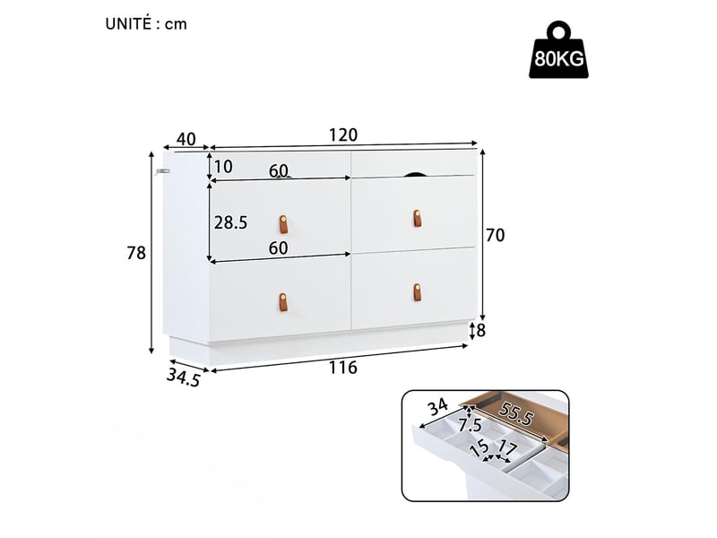  Commode 6 tiroirs avec plateau en verre en panneau de particules blanc 120x40x78 cm - pangivo  - Conforama C