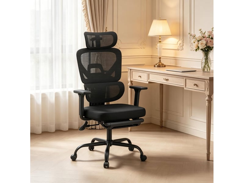 Chaise de bureau ergonomique pivotante avec repose-pieds, appui-tête et accoudoirs réglables en maille noire  - Conforama B