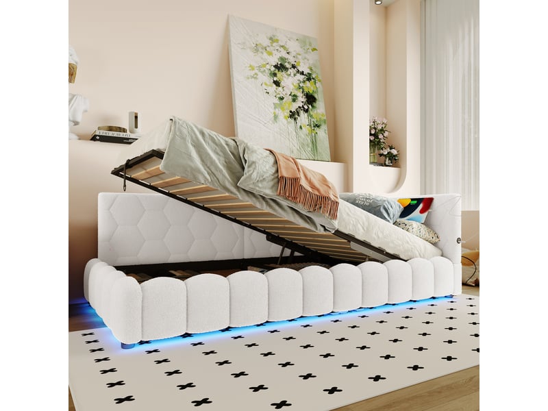  Lit de jour 90x200 cm blanc avec led, ports usb-c, coffre hydraulique et sommier à lattes - sans matelas  - Conforama C