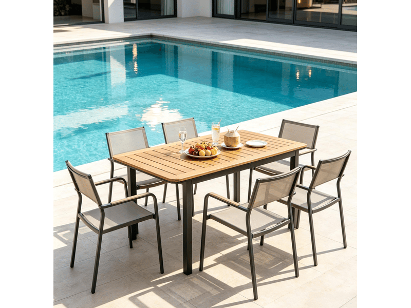  Table de jardin 127 x 70 x 75 cm marron, métal et plastique, plateau composite à lames pour 6 personnes  - Conforama E