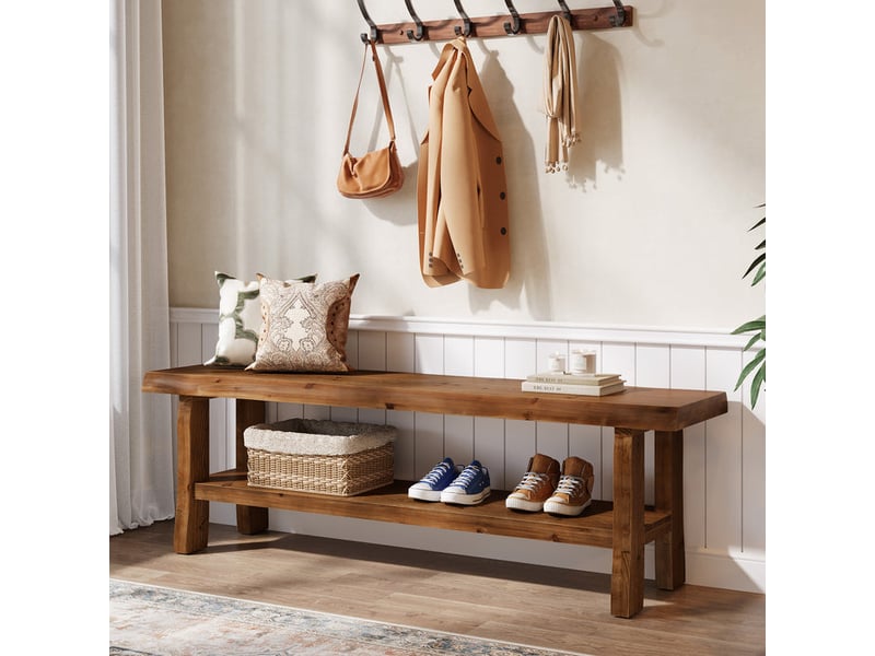  Banc de rangement pour chaussures en bois massif, banc d'entrée de 140 cm avec étagère inférieure, banc de style ferme pour bout de lit, chambre, salon, couloir ou vestibule  - Conforama B