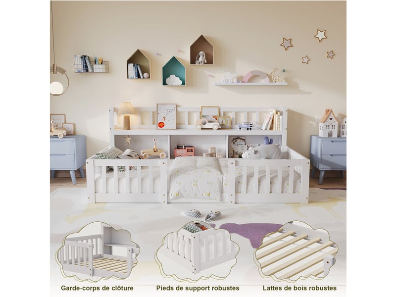  Lit enfant 90x200 avec sommier et bibliotheque,  lit au sol avec barrière de sécurité, lit montessori en pin massif,  1 place, blanc  - Conforama D