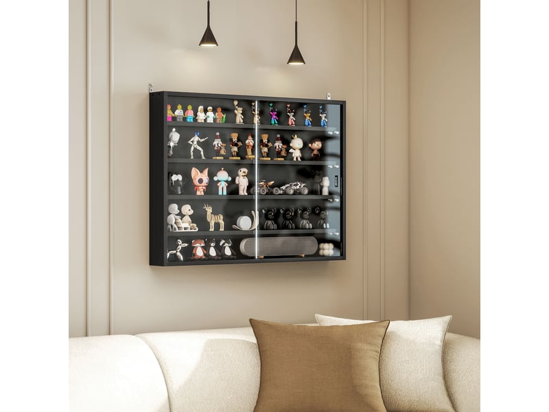  Vitrine murale en bois avec étagères réglables et 2 portes coulissantes en verre, 80 x 9,5 x 60 cm, noire  - Conforama D