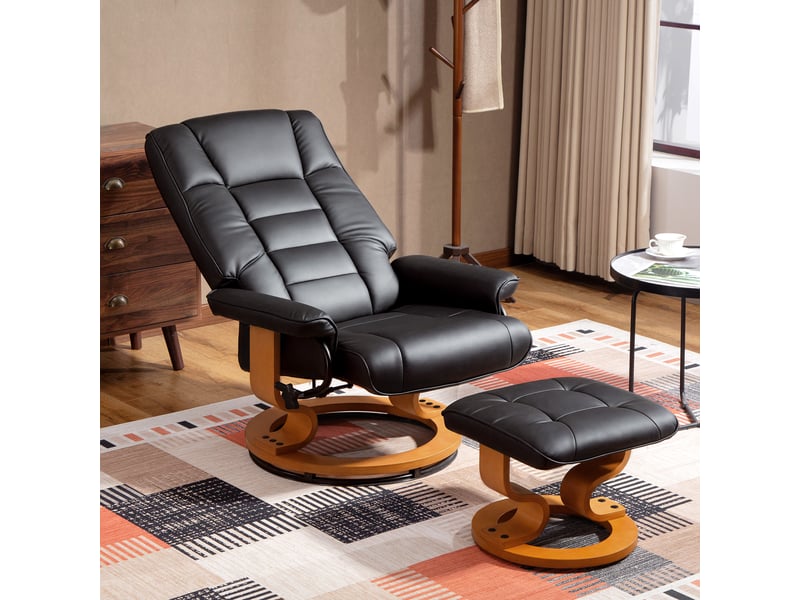  Fauteuil inclinable avec repose-pieds, pivotant et inclinable, revêtement en similicuir, jusqu'à 150 kg, structure en bois, noir  - Conforama D